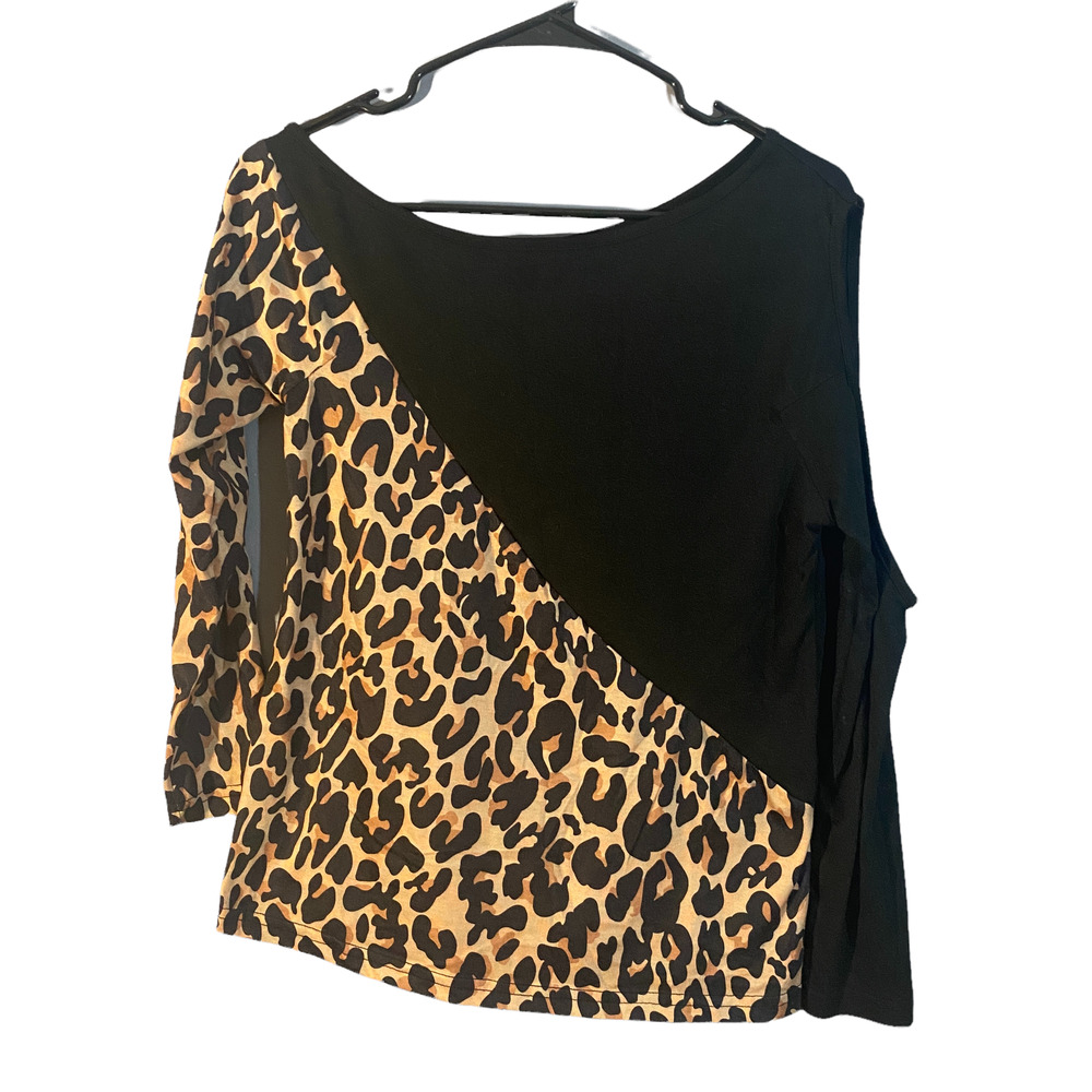 SHEIN Women’s Black & Tan Leopard Print Cold Shoulder Long Sleeve Blouse Size XS